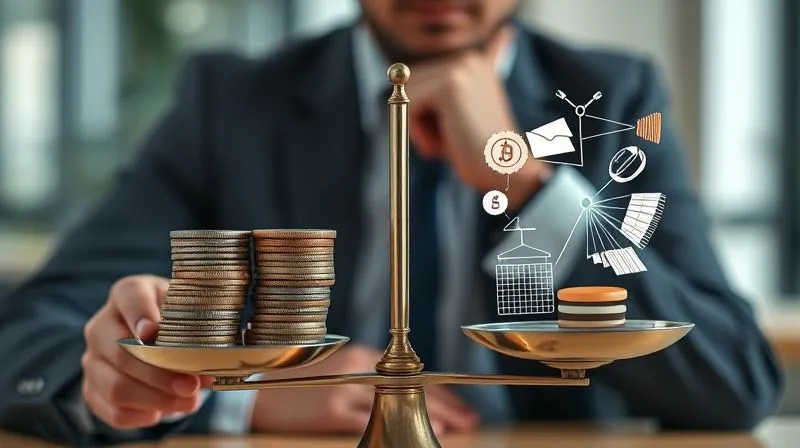 Photorealistic, professional photography, 8K, cinematic lighting, sharp focus, depth of field, shot on a high-end DSLR. A person thoughtfully weighing two scales: one side holds a stack of coins representing 'fees,' while the other side holds abstract symbols of 'peace of mind,' 'strategic planning,' and 'tax savings.' The background is a clean, modern financial office, emphasizing the decision-making process.