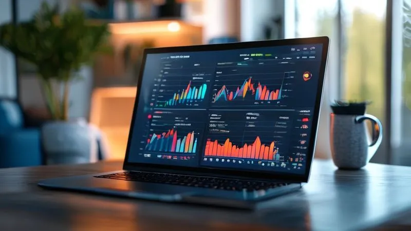 A photorealistic image of a modern, clean financial dashboard on a laptop screen, displaying interactive mortgage payment calculations with adjustable rate sliders and graphs, in a bright home office. Cinematic lighting, sharp focus on the screen, depth of field. 8K hyper-detailed, professional photography.