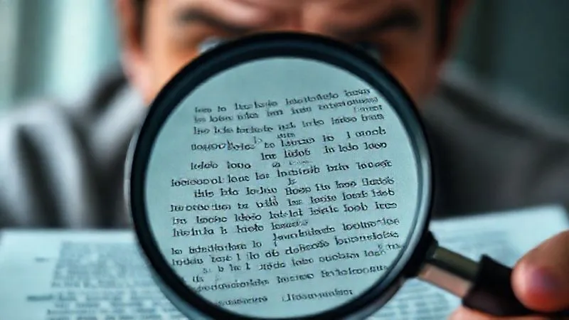 A photorealistic close-up of a magnifying glass hovering over complex, small-print legal document text, with a blurred background of a worried person's face. The scene is lit with dramatic, cinematic lighting, sharp focus on the magnified text, depth of field, 8K, shot on a high-end DSLR.