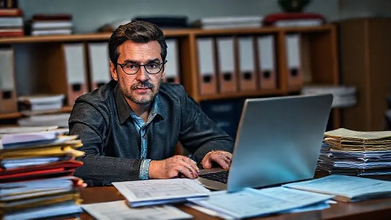 A photorealistic image of a person at a desk, looking determined, surrounded by organized folders and documents, with a laptop open displaying a government consumer protection website. The scene has professional photography, 8K, cinematic lighting, sharp focus on the person and documents, depth of field, shot on a high-end DSLR.