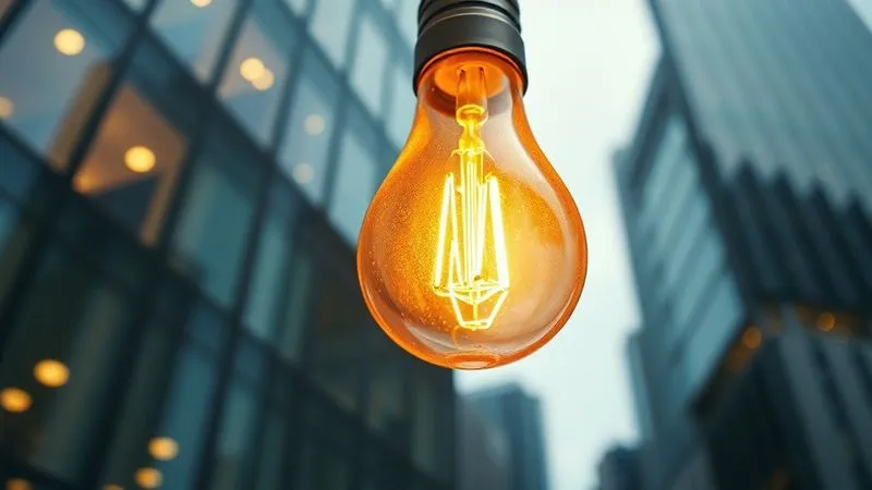 A photorealistic image of a vintage lightbulb glowing brightly within a modern glass financial building, symbolizing a 'hidden gem' or 'bright idea' in finance. Cinematic lighting, sharp focus on the bulb and building, depth of field blurring the surrounding city, 8K hyper-detailed, professional photography, shot on a high-end DSLR.