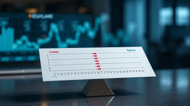 A photorealistic image of a balanced ledger with red (losses) and green (gains) entries, showing equilibrium. The ledger is open on a sophisticated financial desk with a subtle, glowing digital interface in the background. Cinematic lighting, sharp focus on the ledger, depth of field blurring the desk, 8K hyper-detailed, professional photography, shot on a high-end DSLR.