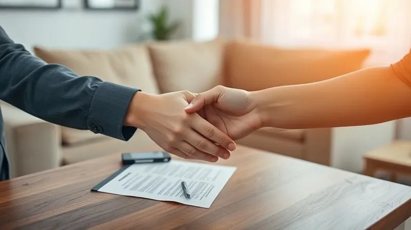 A photorealistic, professional photography shot of a landlord and tenant shaking hands over a coffee table with a signed 'Cash for Keys' agreement visible. The atmosphere is calm and professional, with soft, cinematic lighting. Sharp focus on their hands and the document, depth of field blurring a comfortable living room in the background. 8K hyper-detailed, shot on a high-end DSLR.