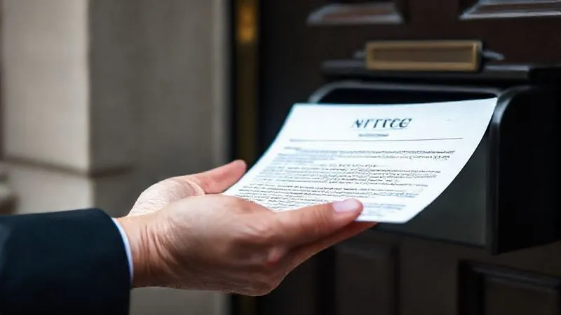 A photorealistic image of a legal notice being formally served, a hand extending the document towards a mailbox or a slightly blurred door, emphasizing the official and procedural nature. Professional photography, 8K, sharp focus on the document, depth of field, cinematic lighting.