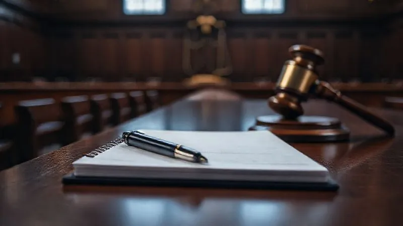 A photorealistic, professional photography shot of a courtroom bench with a legal pad, pen, and a subtle gavel in the background, conveying the seriousness of legal proceedings. 8K, cinematic lighting, sharp focus on the legal pad, depth of field.