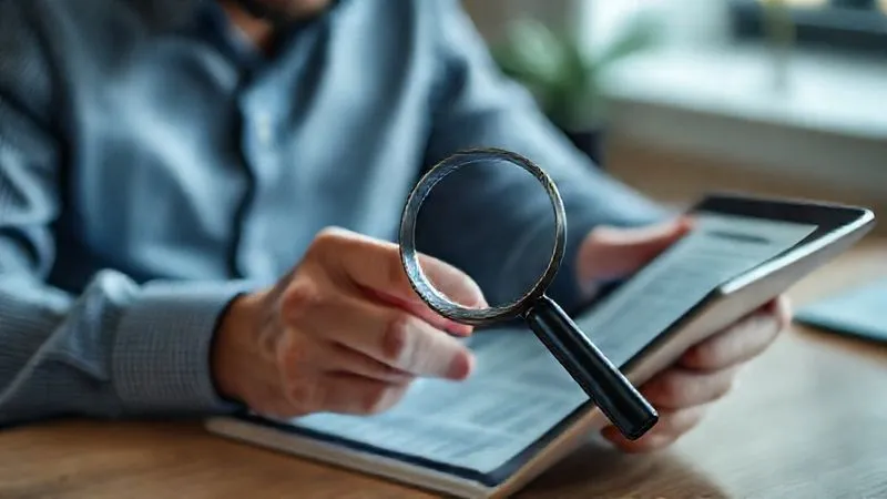 A photorealistic image of a landlord reviewing tenant application documents on a tablet, with a magnifying glass icon overlaid digitally, symbolizing thorough screening. Professional photography, 8K, cinematic lighting, sharp focus on the tablet screen, depth of field.
