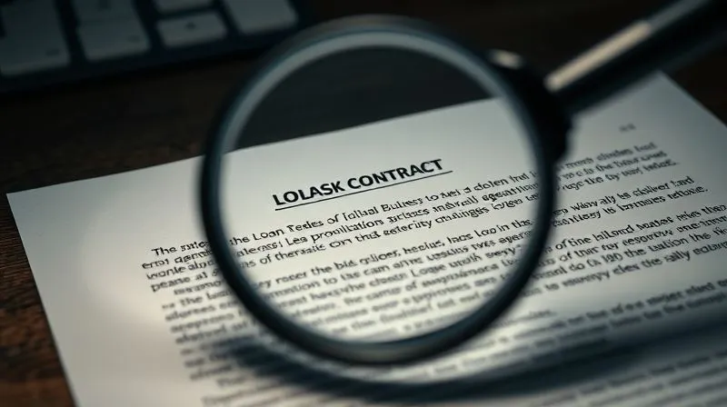 A photorealistic close-up of a magnifying glass hovering over complex, dense legal text in a business loan contract, highlighting a specific clause. The background is slightly blurred, suggesting a dimly lit office. Professional photography, 8K, cinematic lighting, sharp focus, depth of field, shot on a high-end DSLR, conveying scrutiny and discovery.