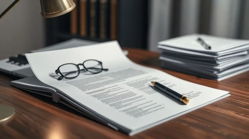 A photorealistic image of a legal brief open on a desk, with a pen and glasses, illuminated by a focused desk lamp. On the side, a stack of documents and emails are neatly organized, representing evidence. Professional photography, 8K, cinematic lighting, sharp focus on the brief, depth of field blurring the background, shot on a high-end DSLR, conveying meticulous legal work and evidence gathering.