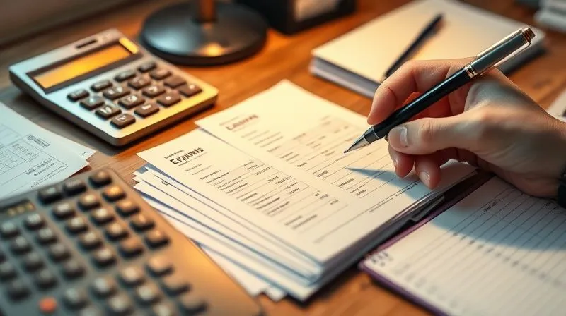 A photorealistic image of a meticulously organized desk with various business expense receipts neatly categorized and stacked next to a calculator and a ledger. A hand holding a pen is poised to write, suggesting careful record-keeping. Warm, inviting cinematic lighting, sharp focus on the receipts, depth of field blurring the background, 8K hyper-detailed.
