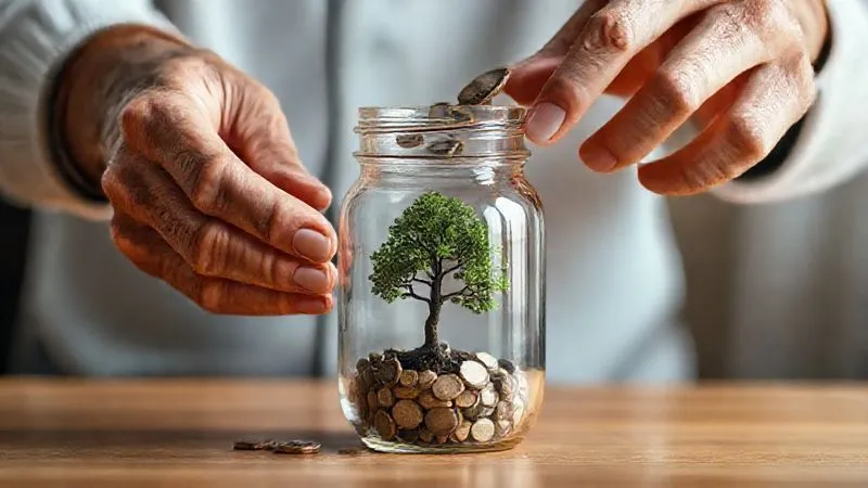 A photorealistic, professional photography, 8K, cinematic lighting, sharp focus, depth of field, shot on a high-end DSLR, of two hands, one older and one younger, gently placing coins into a stylized, transparent savings jar that subtly depicts a tree growing inside, symbolizing philanthropic growth and intergenerational wealth transfer. The background is soft and warm, suggesting generosity and foresight.