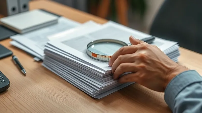 A photorealistic image of a person's hands carefully organizing a stack of financial documents, including bank statements, police reports, and official letters, on a clean wooden desk. A magnifying glass rests on top, emphasizing attention to detail. Soft, natural light illuminates the scene, creating a sense of diligence and focus. 8K, cinematic lighting, sharp focus, depth of field, shot on a high-end DSLR.