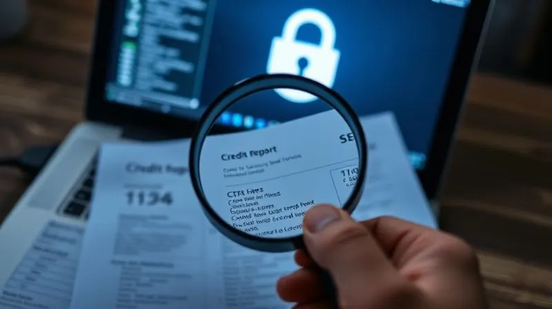 A photorealistic close-up of a hand holding a magnifying glass over a detailed credit report, highlighting suspicious entries. In the background, a secure digital padlock icon subtly glows on a laptop screen, suggesting online security. The lighting is crisp and analytical, emphasizing transparency and scrutiny. 8K, cinematic lighting, sharp focus, depth of field, shot on a high-end DSLR.