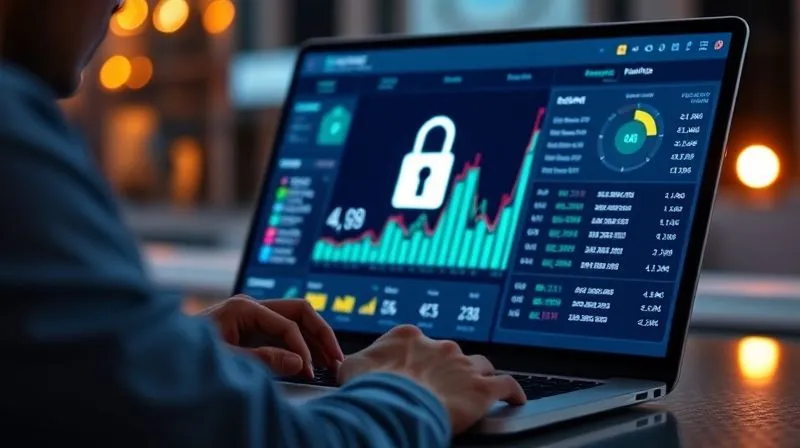 A photorealistic, professional photography, 8K, cinematic lighting, sharp focus, depth of field, shot on a high-end DSLR of a person intently monitoring a digital financial dashboard on a sleek laptop, displaying charts and transaction lists. A secure digital padlock icon is visible on the screen, and a subtle glow emanates from the display, reflecting vigilance and control over personal finances.