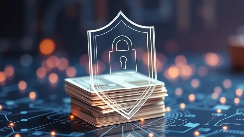 A photorealistic, professional photography, 8K, cinematic lighting, sharp focus, depth of field, shot on a high-end DSLR of a secure, transparent digital shield protecting a stack of currency and credit cards, symbolizing financial protection and recovery. The background is a soft blur of digital lines and glowing circuits, representing online security infrastructure. The shield glows gently, conveying a sense of safety and resilience.