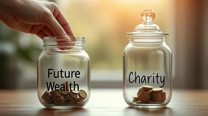 A photorealistic image of a hand placing a coin into a transparent jar labeled 'Future Wealth' next to another jar labeled 'Charity', symbolizing the symbiotic relationship between giving and growing. Cinematic lighting, sharp focus on the hands and jars, depth of field blurring the background, 8K hyper-detailed, professional photography.