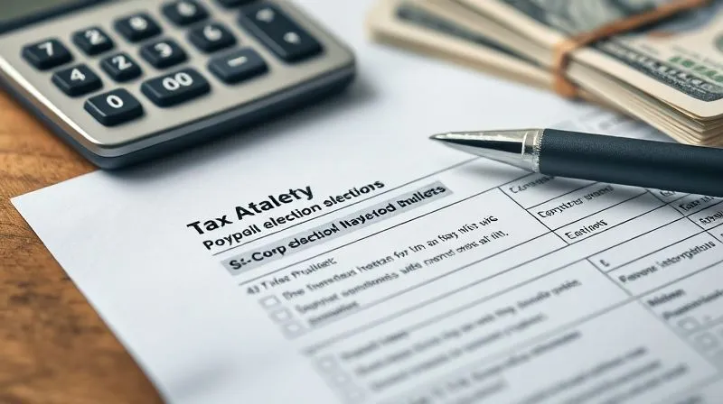 A photorealistic image of a tax form with a pen resting on it, specifically highlighting sections related to S-Corp election and payroll, with a calculator and a stack of crisp dollar bills in the background. Professional photography, 8K, cinematic lighting, sharp focus on the form, depth of field blurring the background, shot on a high-end DSLR.
