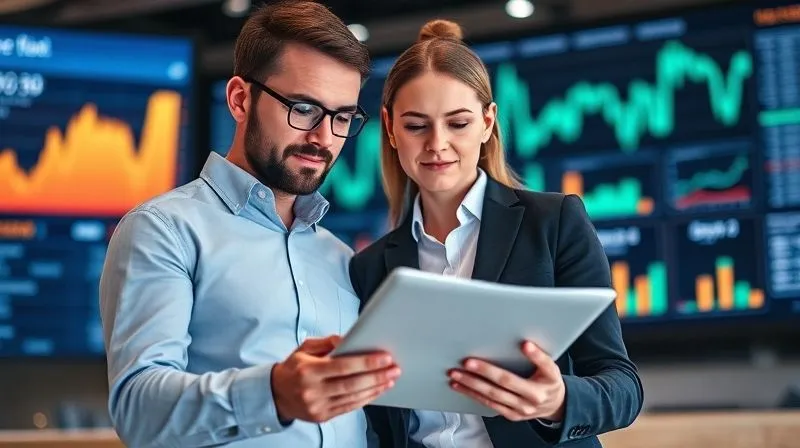 A photorealistic image of a financial advisor and a consultant reviewing documents on a tablet, with charts and graphs on a large screen in the background. They are both looking engaged and confident. Professional photography, 8K, cinematic lighting, sharp focus on their faces and the tablet, depth of field blurring the background, shot on a high-end DSLR.