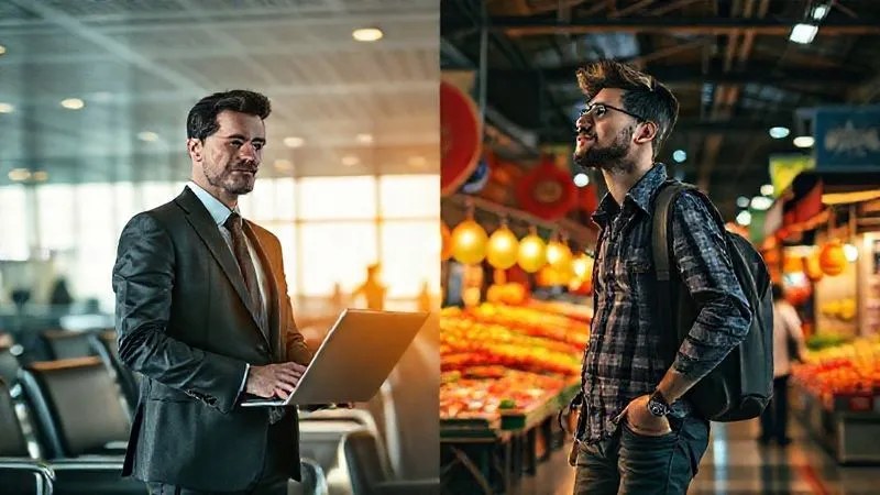 photorealistic, professional photography, 8K, cinematic lighting, sharp focus, depth of field, shot on a high-end DSLR. A split image showing one side a corporate professional in a suit with a laptop in an airport lounge, and the other side showing the same person in casual clothes exploring a vibrant market in a foreign city, symbolizing the blend of business and leisure.