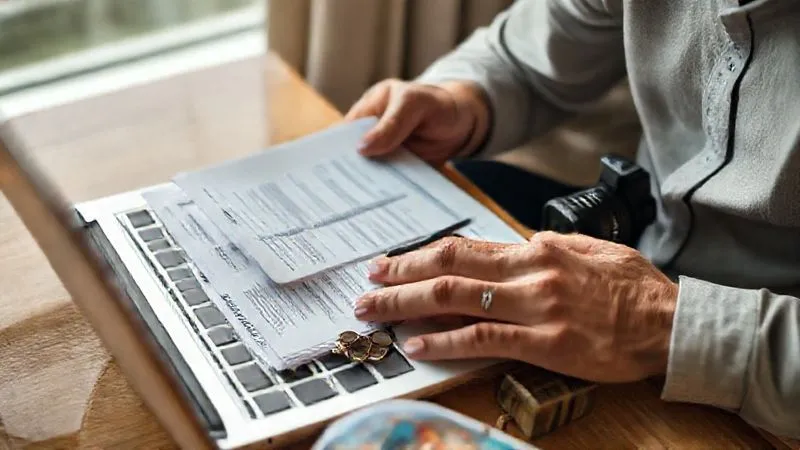 photorealistic, professional photography, 8K, cinematic lighting, sharp focus, depth of field, shot on a high-end DSLR. A person meticulously organizing receipts and a company expense report on a laptop, with a travel guide and a local souvenir subtly placed nearby, symbolizing diligent financial management during bleisure travel.