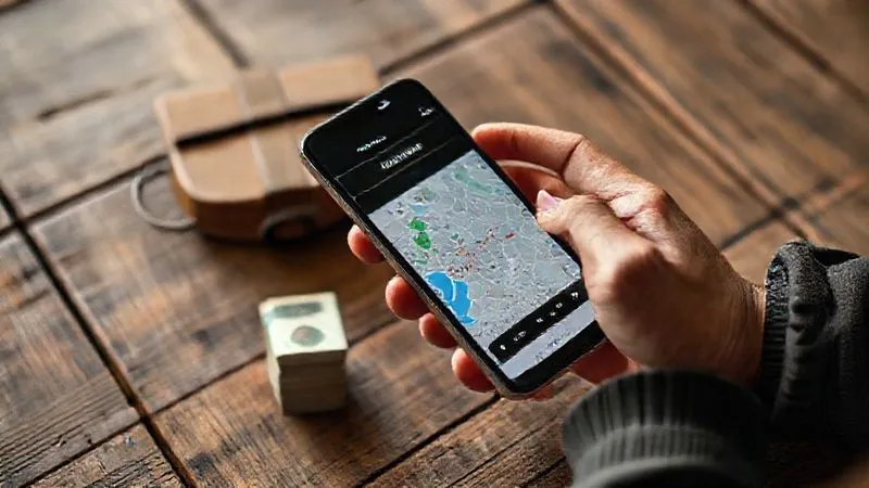 photorealistic, professional photography, 8K, cinematic lighting, sharp focus, depth of field, shot on a high-end DSLR. A person's hands holding a smartphone displaying a budget tracking app, with a map of a foreign city and a small stack of local currency on a rustic wooden table, representing careful financial planning for travel.
