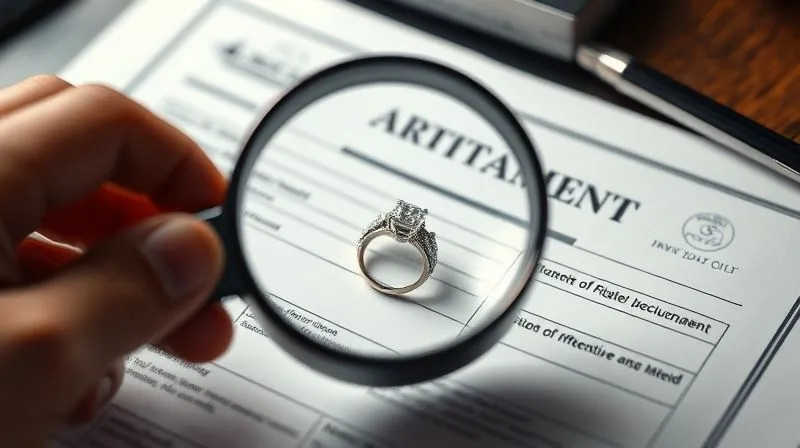 Photorealistic image of a hand holding a magnifying glass over a detailed appraisal document for a diamond ring, cinematic lighting, sharp focus on the ring and document, depth of field blurring the background.