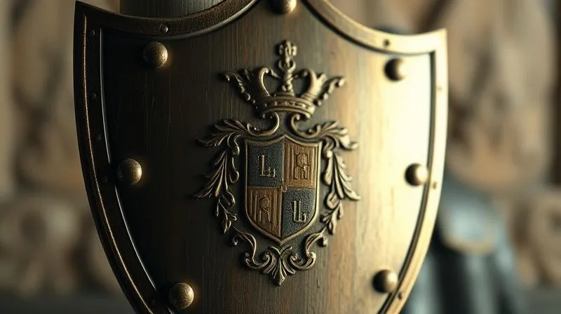 Photorealistic image of a strong, protective shield with a family crest engraved on it, cinematic lighting, sharp focus on the shield, depth of field blurring the background, suggesting asset protection.