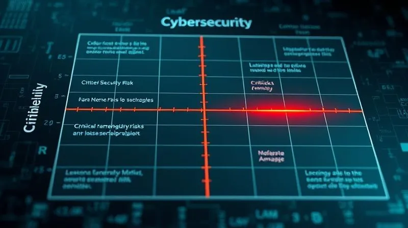 A photorealistic 3D rendering of a cybersecurity risk matrix, with axes for 'Likelihood' and 'Impact', showing critical risks highlighted in red, moderate in amber, and low in green. Cinematic lighting, sharp focus, professional photography, 8K.