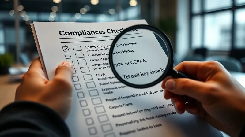A photorealistic image of a detailed compliance checklist being reviewed with a magnifying glass over key sections like 'GDPR', 'HIPAA', and 'CCPA'. The setting is a modern, professional office. Professional photography, 8K, cinematic lighting, sharp focus on the checklist, depth of field blurring the background, shot on a high-end DSLR.