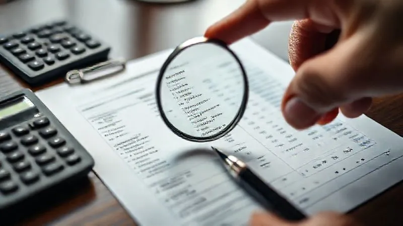 photorealistic, professional photography, 8K, cinematic lighting, sharp focus, depth of field, shot on a high-end DSLR, a close-up of a hand holding a magnifying glass over a complex financial statement, highlighting various fee line items, with a calculator and pen nearby on a polished desk, representing detailed financial analysis.