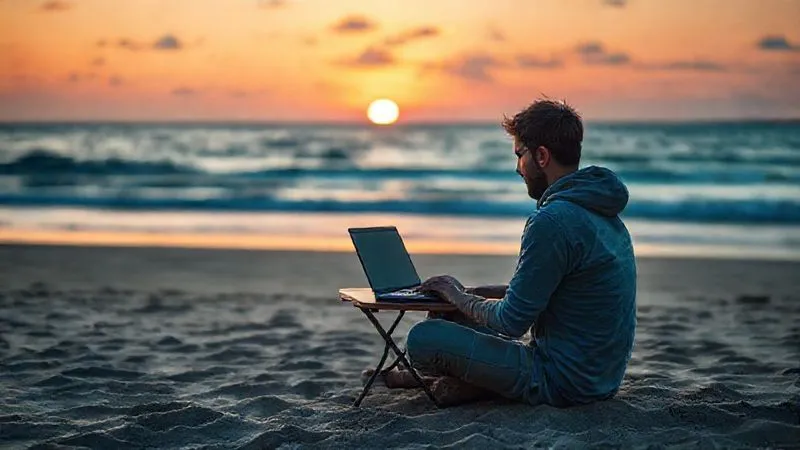 photorealistic, professional photography, 8K, cinematic lighting, sharp focus, depth of field, shot on a high-end DSLR, a backpacker sitting cross-legged on a remote beach, laptop open on a small, portable table, working intently, with a stunning sunset over the ocean in the background, symbolizing freedom and remote work, golden hour light.