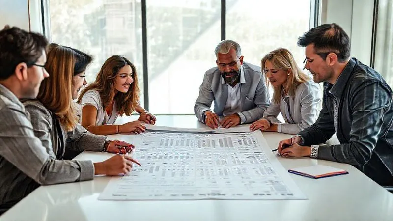A photorealistic image of a diverse group of entrepreneurs and an experienced mentor collaboratively reviewing a large, printed financial projection spreadsheet on a conference table. They are pointing to figures, discussing, and making notes. The atmosphere is constructive and focused, with natural light streaming in. Cinematic lighting, sharp focus on the spreadsheet, depth of field, 8K hyper-detailed, professional photography, shot on a high-end DSLR.