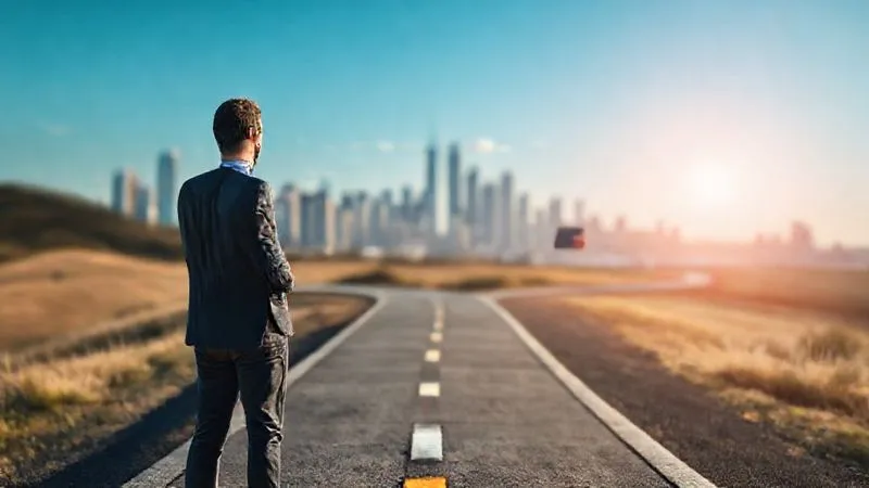 A photorealistic image of a confident entrepreneur standing at a crossroads, looking down a clear, well-lit path towards a distant, thriving city skyline. The path is marked with subtle financial symbols, representing a clear business plan. The entrepreneur is holding a tablet with a positive financial graph. The background is slightly blurred but suggests a future of opportunity. Cinematic lighting, sharp focus on the entrepreneur and the path, depth of field, 8K hyper-detailed, professional photography, shot on a high-end DSLR.