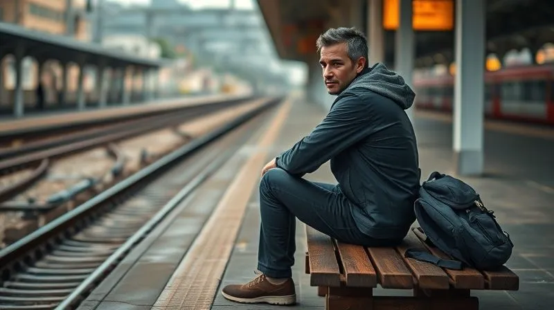 A photorealistic, professional photography, 8K, cinematic lighting, sharp focus, depth of field, shot on a high-end DSLR image of a lone traveler, looking determined but calm, sitting on a simple wooden bench at a train station platform, with a small, worn backpack beside them. The background is slightly blurred, showing the tracks extending into the distance, conveying resilience and the journey ahead.