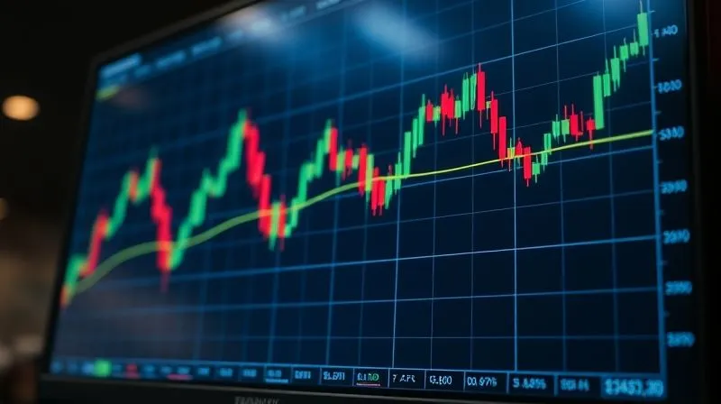 A photorealistic candlestick chart on a trading screen, overlaid with technical indicators like RSI and Moving Averages, showing price action in a volatile market. The screen is in a dark, professional setting with subtle reflections. Professional photography, 8K, cinematic lighting, sharp focus on the chart, depth of field, shot on a high-end DSLR.