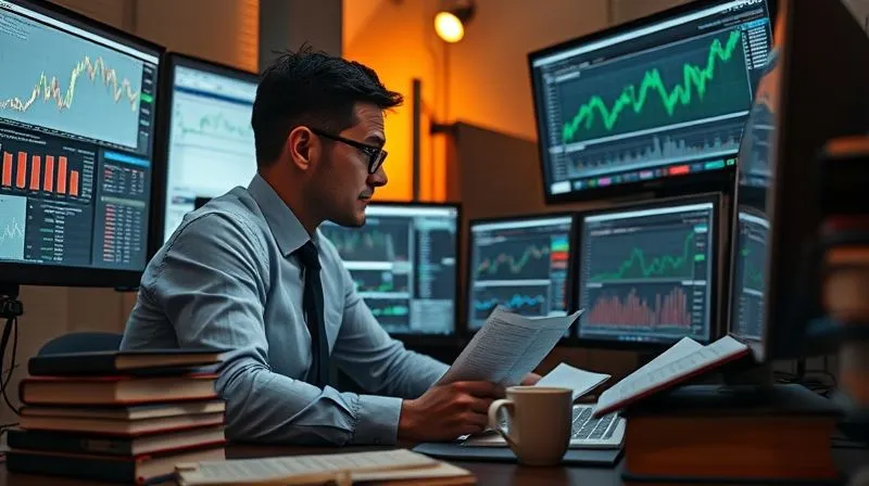 A photorealistic image of a diligent investor studying financial reports and charts on multiple screens, surrounded by books and a cup of coffee, late at night. The atmosphere is focused and intellectual. Professional photography, 8K, cinematic lighting, sharp focus on the investor and screens, depth of field, shot on a high-end DSLR.