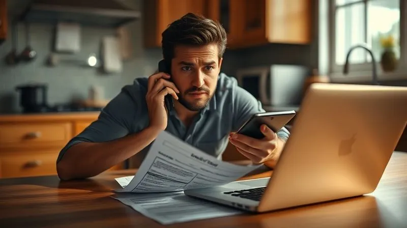 A photorealistic, professional photography shot of a person on a phone, looking determined, with utility bills and a laptop open in front of them on a kitchen table. The lighting is cinematic, highlighting the tension and focus, sharp focus on the person's face and the phone, depth of field blurring the background, 8K hyper-detailed.