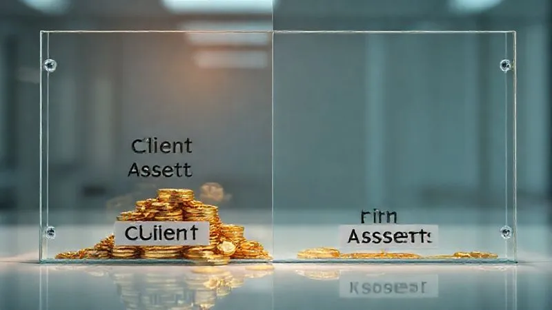 photorealistic, professional photography, 8K, cinematic lighting, sharp focus, depth of field, shot on a high-end DSLR, a clear, transparent glass wall separating two distinct piles of gold coins, one labeled 'Client Assets' and the other 'Firm Assets', with a strong, protective light shining on the 'Client Assets' side, symbolizing segregation and regulatory protection, in a sterile, modern financial environment.
