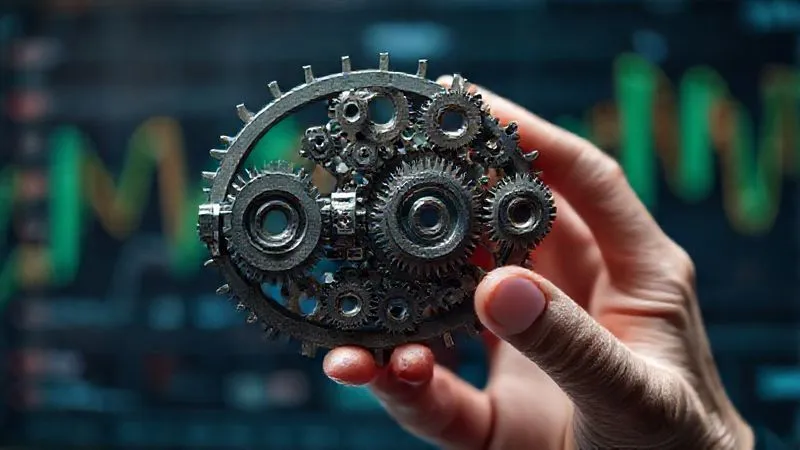 photorealistic, professional photography, 8K, cinematic lighting, sharp focus, depth of field, shot on a high-end DSLR, a hand meticulously arranging small, intricate gears into a larger, complex mechanism, with a strong emphasis on precision and interlocking parts, symbolizing advanced, multi-layered strategies for financial security, against a backdrop of blurred financial charts.
