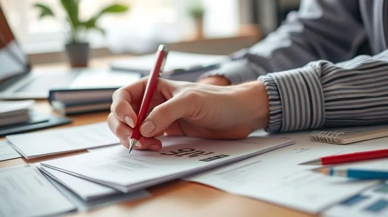 A photorealistic image of a person's hands meticulously categorizing bills and receipts on a table, with a red pen marking non-essential items for reduction. Focus is sharp on the documents and hands, with a blurred background of a home office. Professional photography, 8K, cinematic lighting, depth of field, shot on a high-end DSLR.
