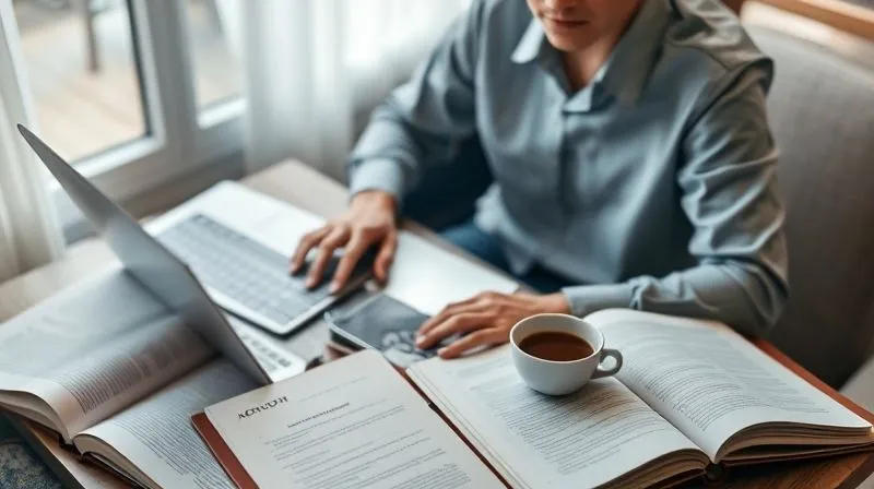A photorealistic image of a person sitting at a laptop, surrounded by open notebooks and a cup of coffee, actively engaged in online job searching and exploring various gig economy platforms. The person appears focused and determined, with a subtle glow from the screen. Professional photography, 8K, cinematic lighting, sharp focus, depth of field blurring the background, shot on a high-end DSLR.