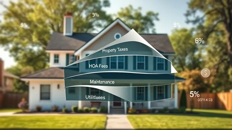 A photorealistic infographic showing a house with various financial layers peeling off, revealing hidden costs like 'Property Taxes', 'Insurance', 'HOA Fees', 'Maintenance', and 'Utilities'. The image has a transparent overlay of percentage signs and dollar symbols. Professional photography, 8K, cinematic lighting, sharp focus, depth of field.