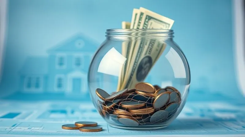 A photorealistic image of a clear glass piggy bank, partially filled with coins and bills, with a small safety net woven underneath it, symbolizing a financial buffer for home buying. The background is a blurred blueprint of a house. Professional photography, 8K, cinematic lighting, sharp focus, depth of field.