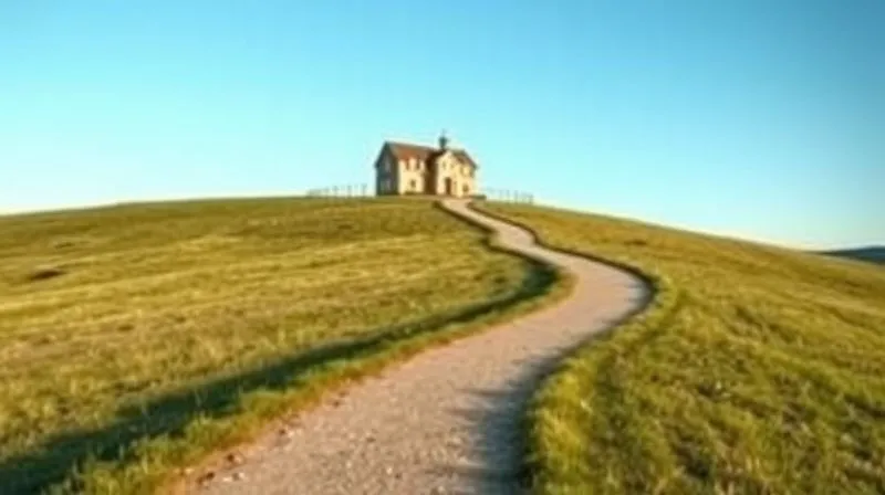 A photorealistic image of a winding path leading towards a distant, inviting home on a gentle hill, under a clear, optimistic sky. The path symbolizes patience and persistence, with subtle hints of financial growth along the way. Professional photography, 8K, cinematic lighting, sharp focus, depth of field.