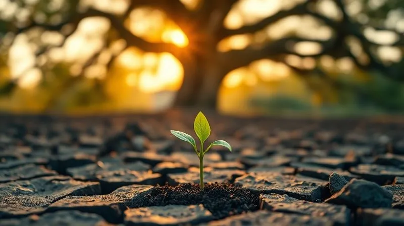 photorealistic, professional photography, 8K, cinematic lighting, sharp focus, depth of field, shot on a high-end DSLR, a single small, vibrant green seedling pushing through cracked earth in the foreground, with a majestic, ancient oak tree in the blurred background under a warm, golden sunset, symbolizing the immense growth potential of starting small with investments