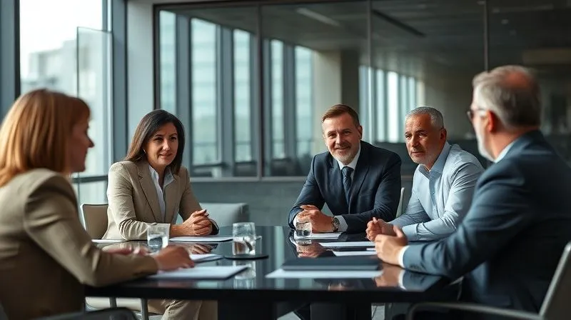 A photorealistic image of a diverse group of professionals (a mediator, a lawyer, a financial advisor) in a modern boardroom, engaged in serious discussion with a family, representing independent advisors guiding family business succession. Cinematic lighting, sharp focus on the group, depth of field blurring the background, 8K hyper-detailed.