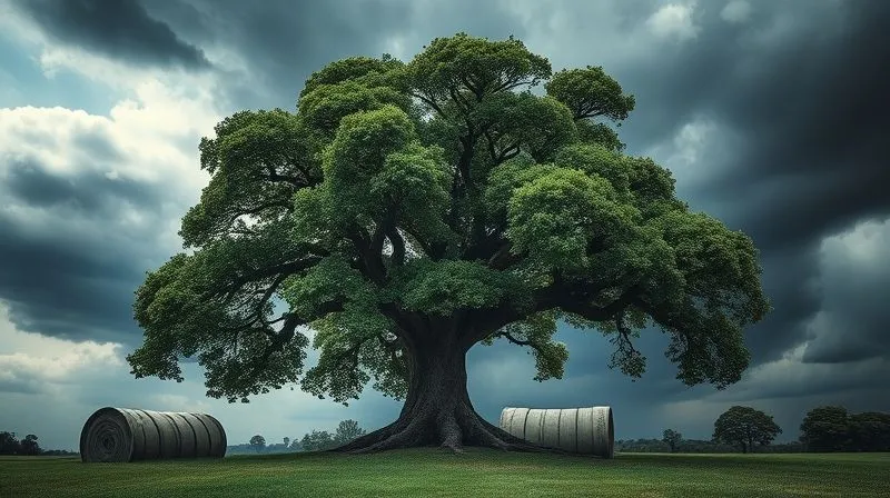 A photorealistic image of a sturdy, deeply rooted oak tree standing firm against a dramatic, but clearing, financial storm sky, symbolizing business resilience and a strong financial foundation. Professional photography, 8K, cinematic lighting, sharp focus, depth of field, shot on a high-end DSLR.