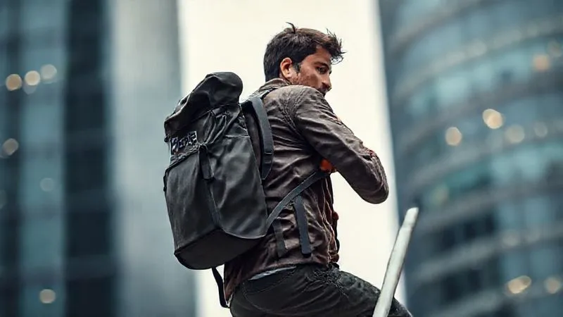 A photorealistic, professional photography, 8K, cinematic lighting, sharp focus, depth of field, shot on a high-end DSLR of a person with a heavy backpack labeled 'Debt' trying to climb a steep professional ladder, looking visibly strained but determined. The background shows blurred office buildings.