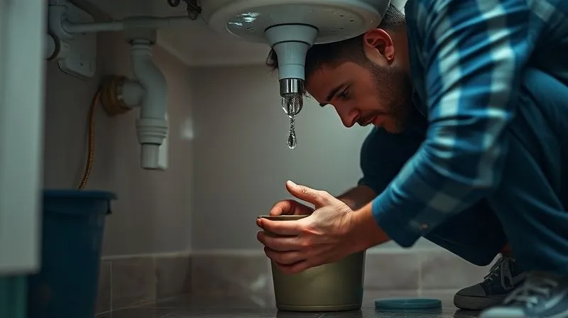 A photorealistic image showing a homeowner cautiously inspecting a small but active water leak under a sink, with a bucket placed to catch drips. The scene highlights a sense of urgent but controlled action. Cinematic lighting, sharp focus on the dripping water and the homeowner's focused hands, depth of field, 8K hyper-detailed, professional photography, shot on a high-end DSLR.
