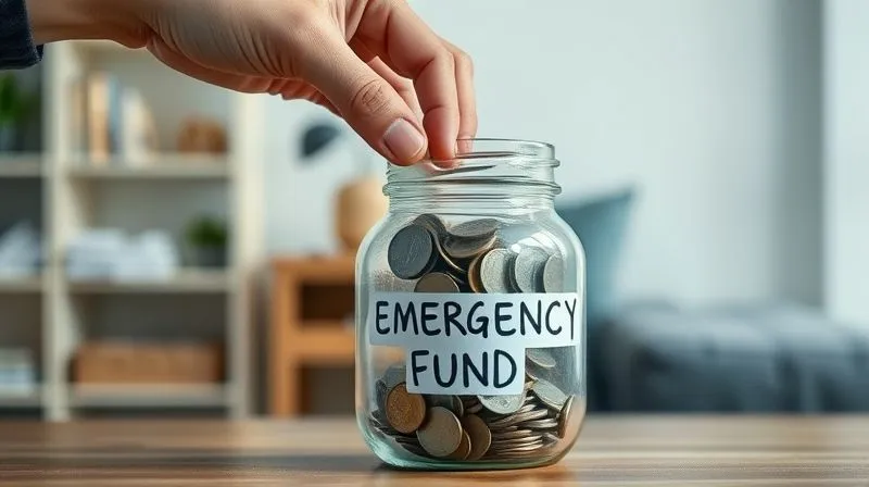 A photorealistic image of a person's hand carefully placing coins into a clear glass jar labeled "Emergency Fund." The background shows a simple, organized home environment, suggesting financial discipline. Cinematic lighting, sharp focus on the hand and jar, depth of field blurring the background, 8K hyper-detailed, professional photography, shot on a high-end DSLR.