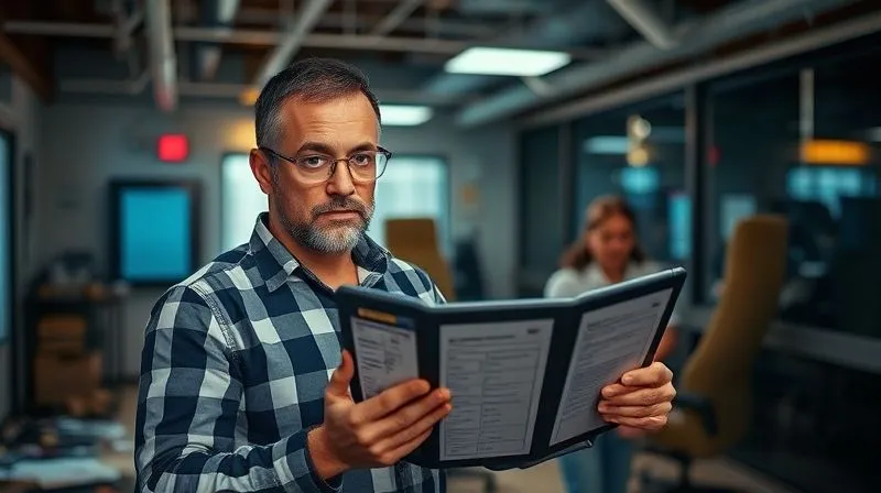 A photorealistic image of a business owner, looking determined, holding a tablet with an incident log, while surveying a damaged but contained office space. The scene is lit by emergency lights, conveying urgency and meticulous documentation. Professional photography, 8K, cinematic lighting, sharp focus on the tablet and owner's face, depth of field blurring the background, shot on a high-end DSLR.
